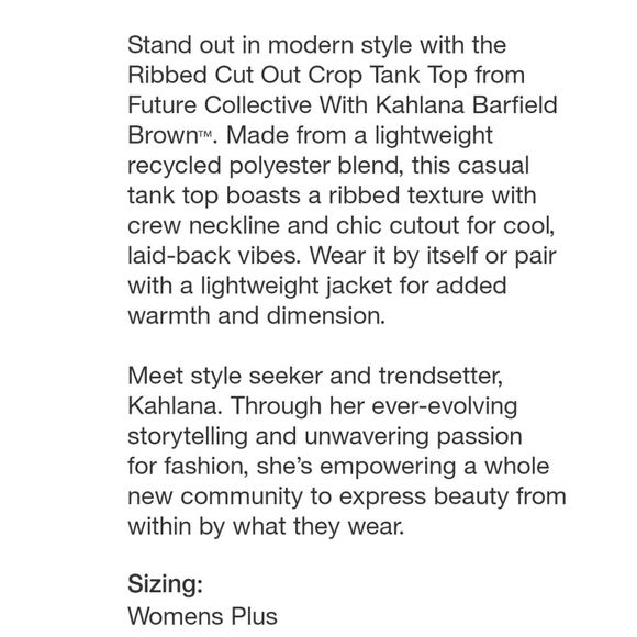 2/$25🆕️ Future Collective Kahlana Barfield Brown 4x Black Cut Out Crop Tank Top - Picture 9 of 10